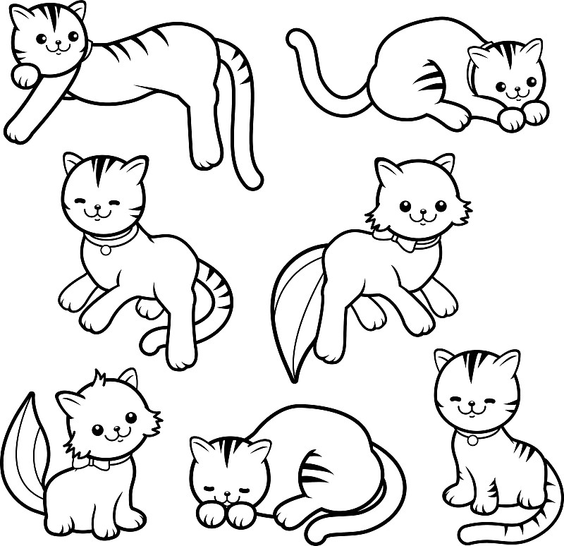 猫,黑白图片,卡通,小猫,线条画,彩色书,可爱的,书页,铅笔画,动物
