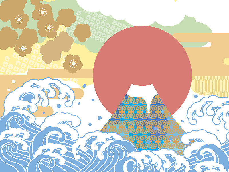 海洋,绘画插图,运气,富士山,和服,波形,新年,波浪,日本,春节