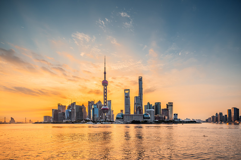 上海,全景,浦东,外滩,金茂大厦,上海环球金融中心,黄浦江,色彩饱和,黎明,商用码头