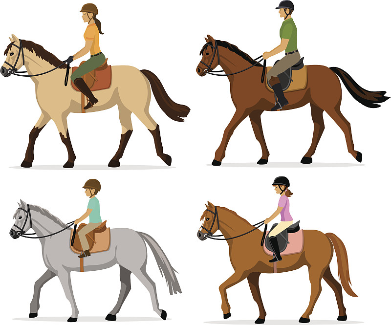 家庭,马,职业赛马骑师,训马技术,马勒,鞍,臀部,卡通,运动头盔,红棕色马