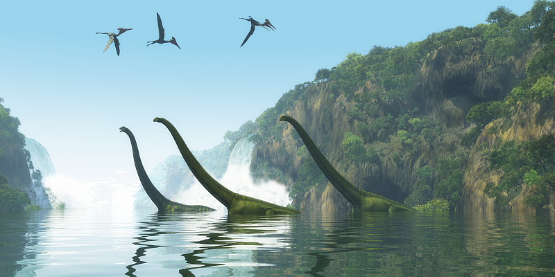 恐龙,雾,白昼,马门溪龙,侏罗纪,史前时代,翼龙目,泰坦巨龙类,翼手龙,蜥脚类
