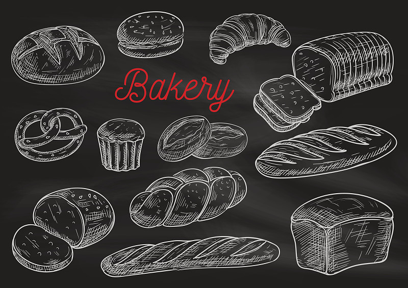 面包店,黑板,草图,粉笔,商品,长面包,面包,小甜面包,粉笔画,椒盐饼干