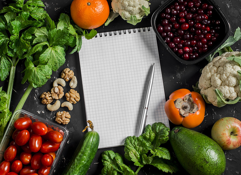 笔记本,清新,蔬菜,食品,空白的,水果,营养学家,柿子树,健康食物,做计划