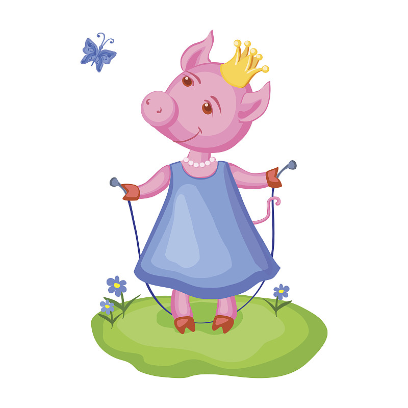 可爱的,猪,王冠,黄金,卡通,蓝色的连衣裙,女王卡,家猪,小猪,幼兽