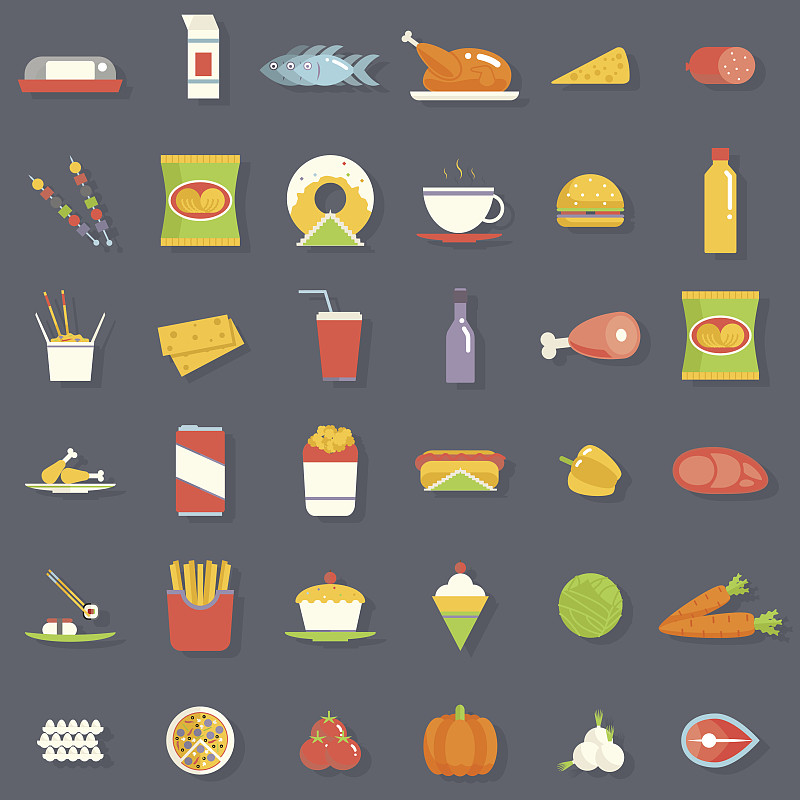 符号,矢量,食品,绘画插图,平坦的,小管,炸肉排,薯片,爆米花,苏打