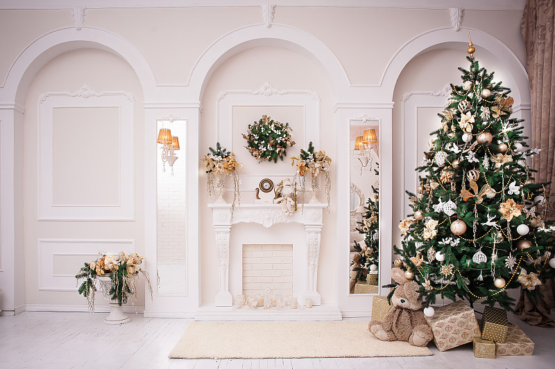 壁炉,白色,古典风格,宏伟,走廊,花卉花环,圣诞树,住宅房间,起居室