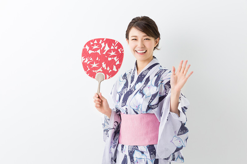 和服,女人,衣服,便装和服,日本人,仅女人,扇子,留白,水平画幅,夏天