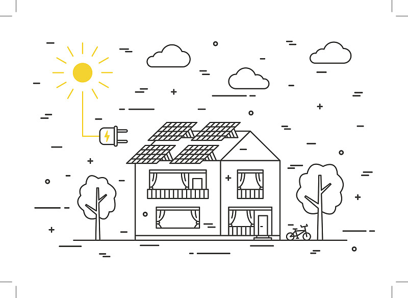 电,矢量,房屋,日光,概念,太阳能电池板,多代家庭,水平画幅,能源,绘画插图