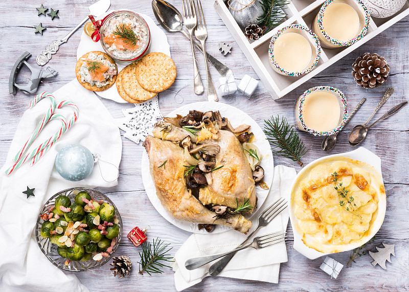 餐桌,餐具,贺卡,水平画幅,配方,鸟类,膳食,精制土豆,圣诞树