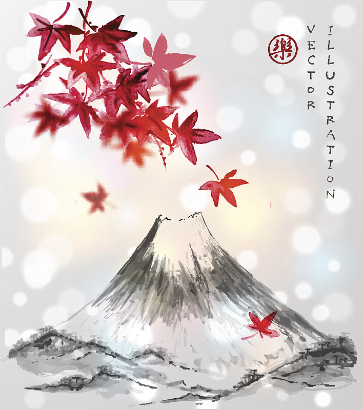 山,日本,红色,富士山,枫叶,水墨画,垂直画幅,无人,绘画插图,巨大的