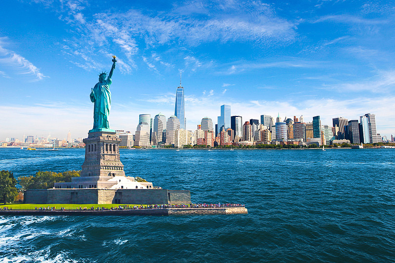 自由女神像,纽约,城市天际线,雕像,自由岛,自由,燃烧的火炬,纽约港,下曼哈顿区,城市游