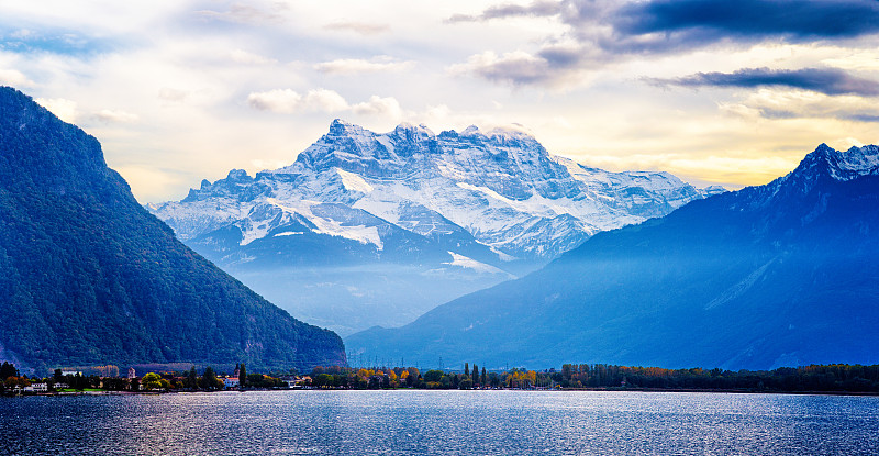 日内瓦湖,瑞士,阿尔卑斯山脉,全景,蒙特尔,勃朗峰,湖,山,瑞士阿尔卑斯山,水