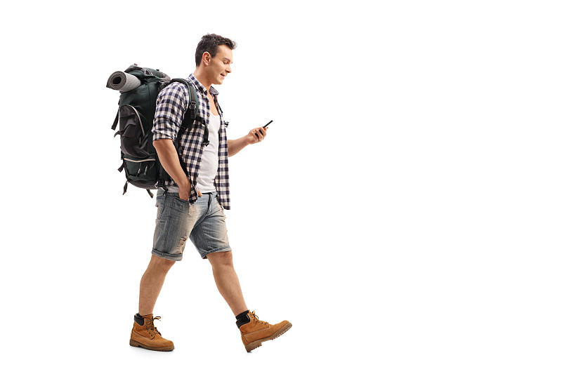 看,徒步旅行,手机,水平画幅,电话机,侧面像,旅行者,白人,男性,仅男人
