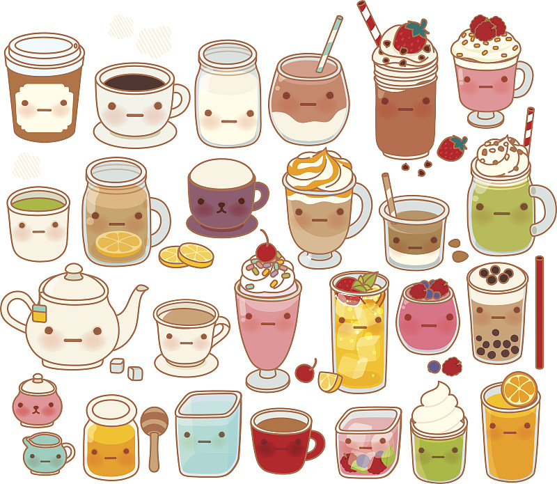 茶,饮料,图标,可爱的,态度暧昧,奶昔,茶壶,棉花软糖,柠檬苏打水,热可可