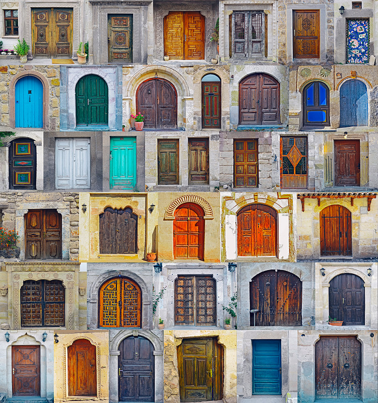 卡帕多奇亚,抽象拼贴画,正门,过时的,城市生活,华丽的,部分,土耳其,砖,建筑物门