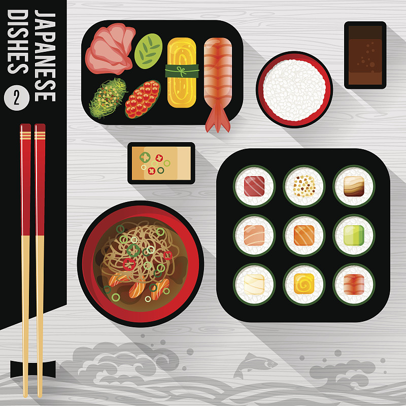 绘画插图,食品,日本食品,楚卡部落,寿司,便当盒,芥末酱,味噌汤,照烧,味噌酱