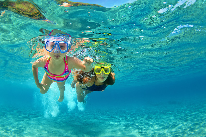 水下,母亲,儿童,乐趣,海洋,水,美,休闲活动,水平画幅,巴厘岛
