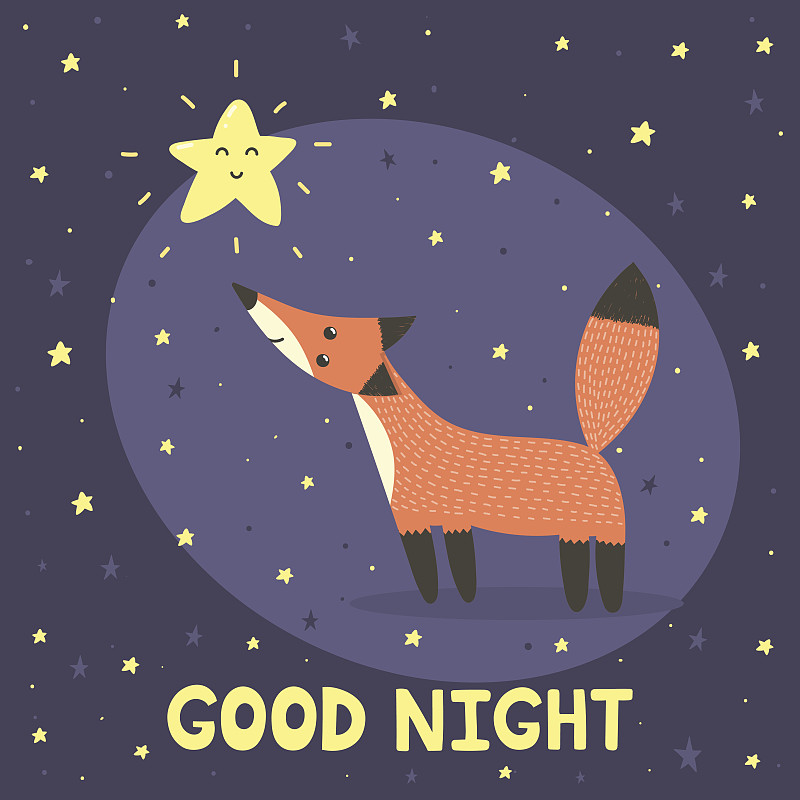 就寝时间,可爱的,贺卡,星形,狐狸,二件式睡衣,夜晚,自然,华丽的,闪亮的