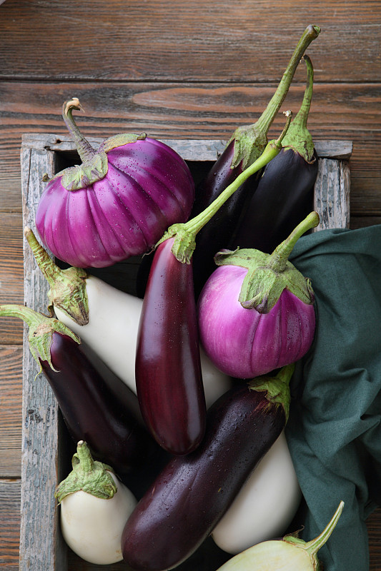清新,多样,茄子,紫色,垂直画幅,高视角,板条箱,生食,反差,农作物