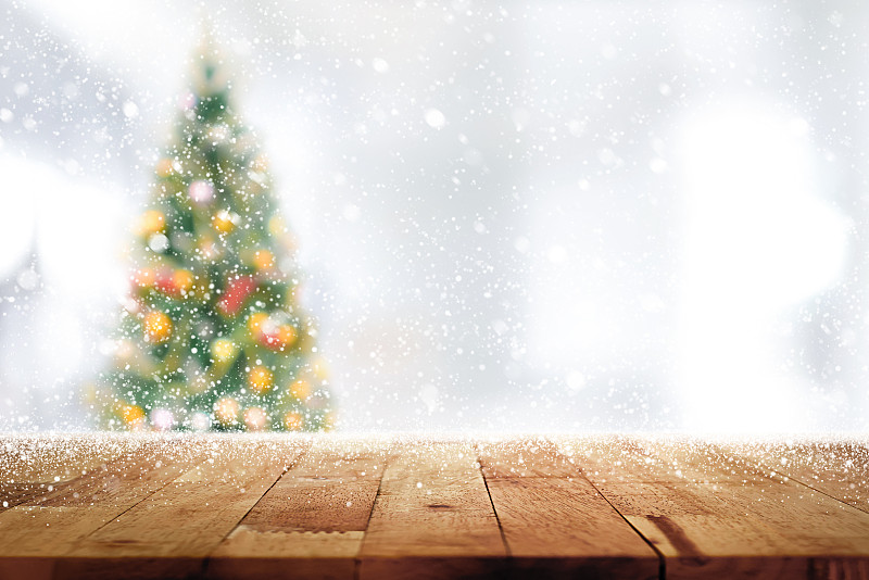 圣诞树,桌子,木制,背景,运动模糊,留白,水平画幅,雪,无人
