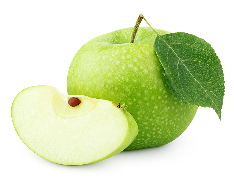 苹果,切片食物,叶子,绿色,白色,分离着色,青苹果,一半的,充满的,水平画幅