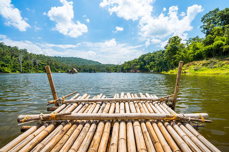 湖,木筏,头球,水,水平画幅,无人,户外,泰国,山,河流