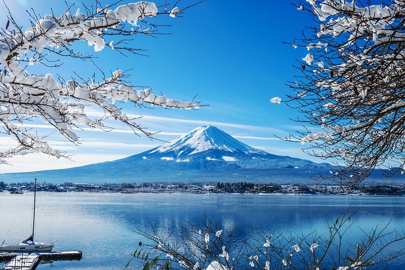 黎明,富士山,河口湖,背景聚焦,水平画幅,雪,无人,早晨,户外,湖