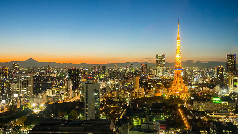 都市风景,东京,富士山,东京塔,自然美,透过窗户往外看,天空,里山,水平画幅,夜晚