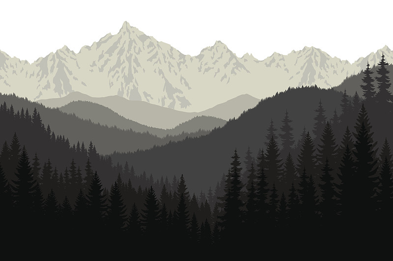 绘画插图,矢量,山脉,森林,背景,灰色,水平画幅,山,无人,早晨