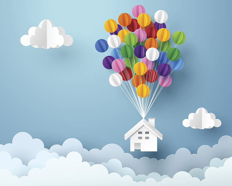 气球,纸,多色的,悬挂的,房屋,艺术,柔和,贷款,风,云