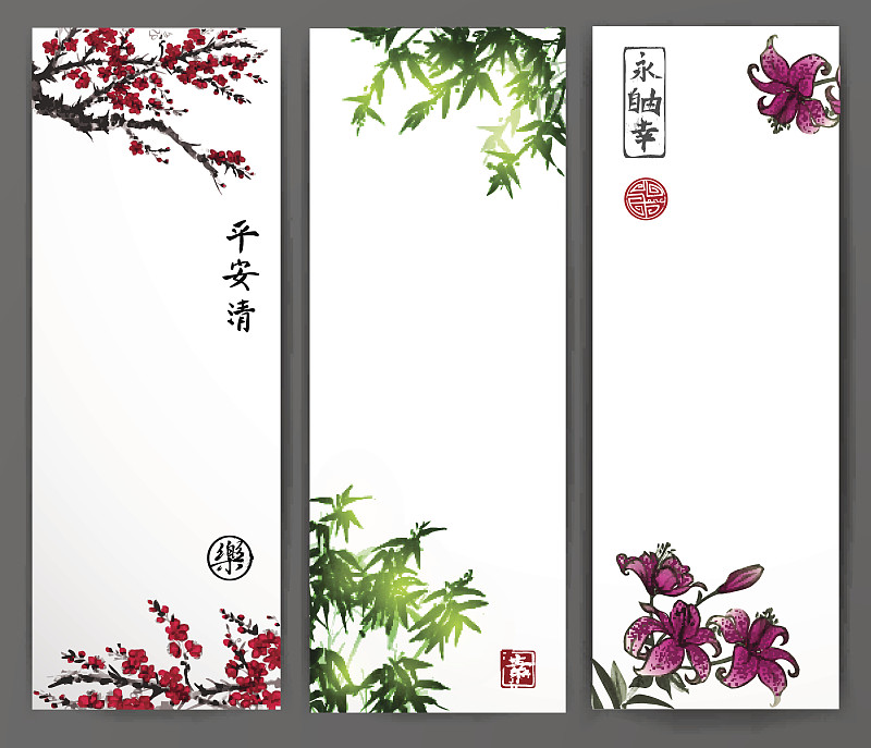 竹,传统,三个物体,花朵,百合花,樱之花,烟灰墨,水墨画,日本