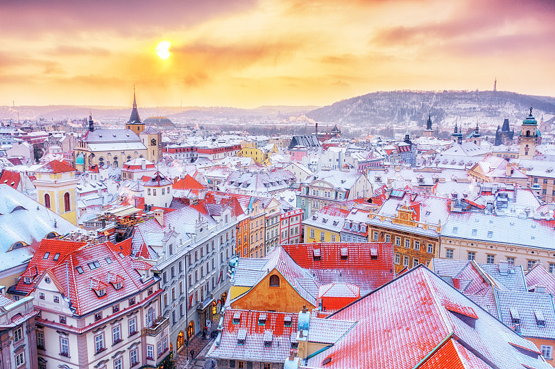 都市风景,布拉格,屋顶,冬天,城市,中心,古典风格,都市风光,大风雪,水平画幅