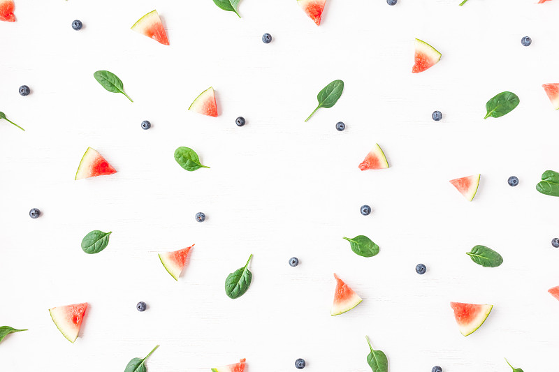 夏天,蓝莓,概念,切片食物,菠菜,西瓜,平铺,留白,高视角,素食