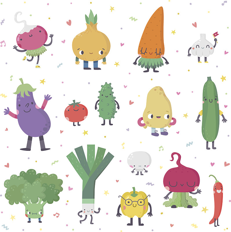 可爱的,蔬菜,卡通,矢量,动物,素食,胡瓜,韭,背景分离,食品