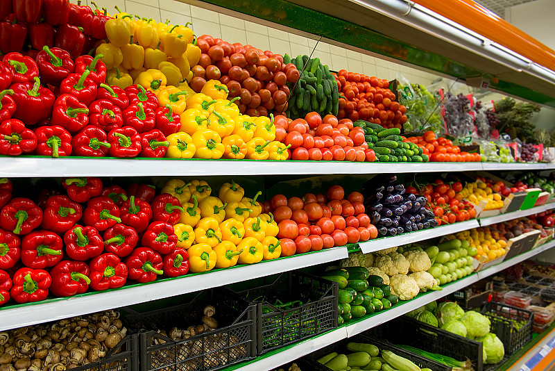 架子,超级市场,蔬菜,水果,椒类食物,清新,健康食物,西红柿,黄瓜,营养品