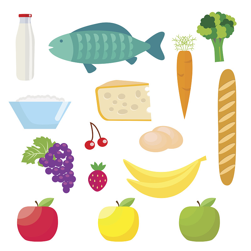 奶制品,绘画插图,矢量,香蕉,葡萄,商品,奶酪,鱼类,蔬菜,健康食物