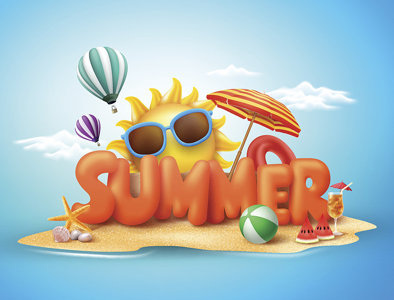 夏天,三维图形,文字,概念,矢量,书的标题,海滩充气球,太阳裙,设计
