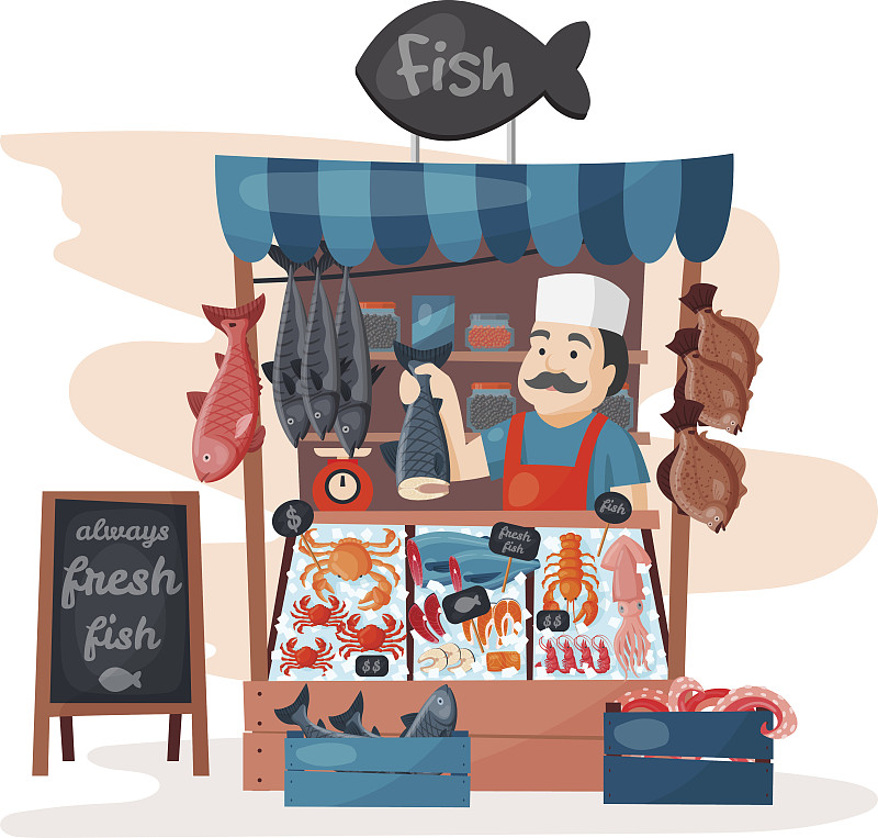 绘画插图,海产,肉,清新,鱼类,矢量,市场,男人,膳食,贩卖