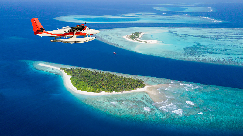 高视角,马尔代夫,水上飞机,旅游目的地,水平画幅,沙子,印度洋,无人,夏天,户外