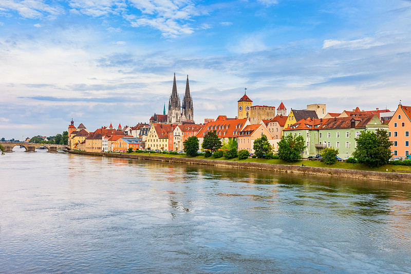 雷根斯堡,多瑙河,都市风景,德国,水,水平画幅,无人,古城,夏天,户外