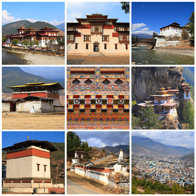 不丹,普那卡寺,普那卡,塔桑修道院,巴罗,廷布,佛塔,名声,相册,蒙太奇