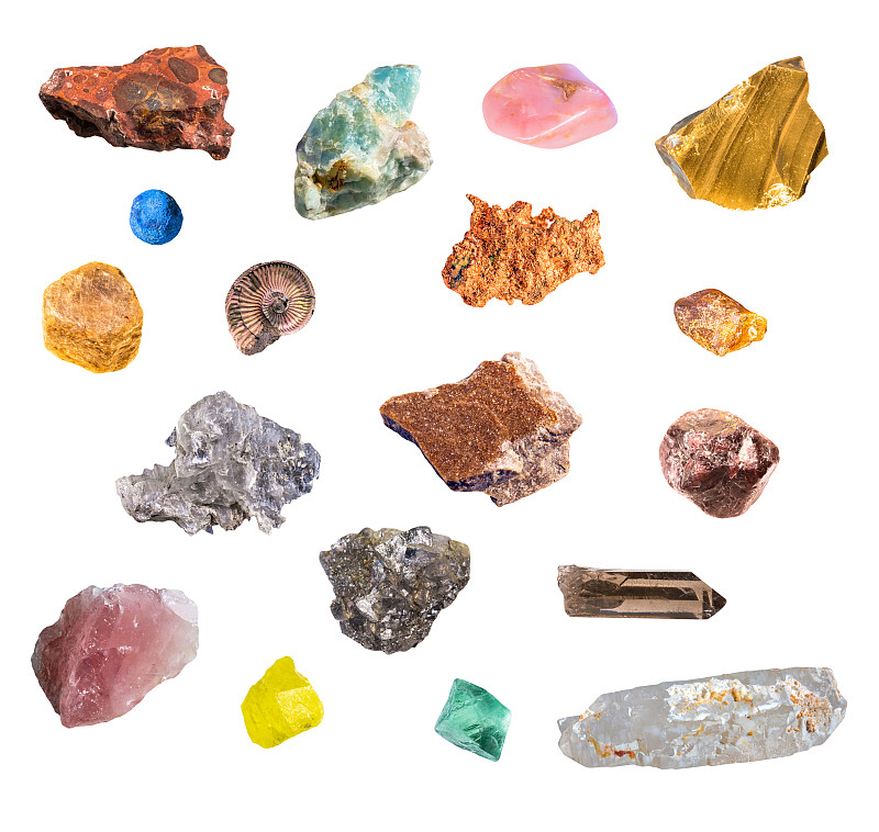 石英,蛋白石,白色背景,刚玉,蓝铜矿,硫磺,金属矿石,磷灰石,铜,萤石