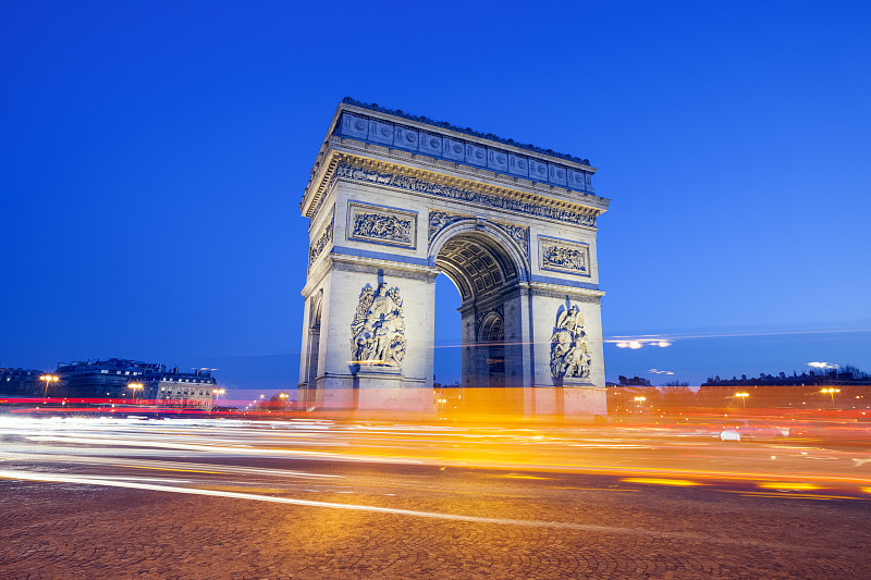 凯旋门,香榭丽舍大道,建筑石碑,香榭丽舍区,巴黎,法兰西岛,高峰时间,纪念碑,水平画幅,夜晚