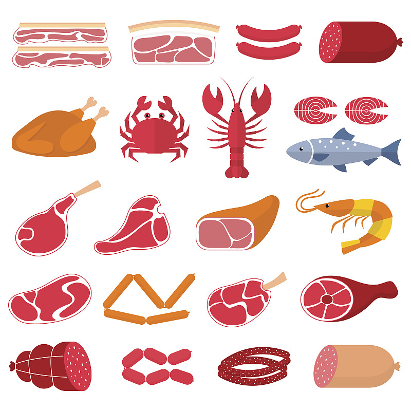 绘画插图,肉,鱼类,矢量,平坦的,与众不同,鱼子酱,无人,排骨,生食