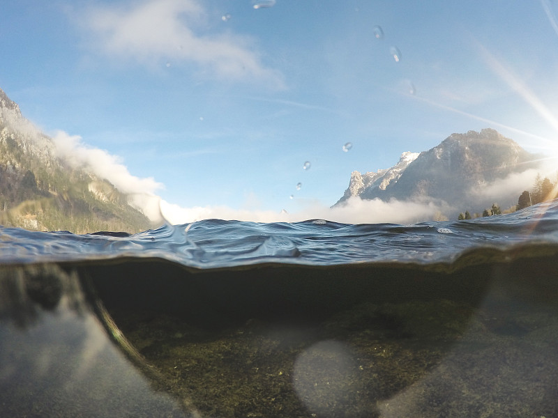 水下,相机,特劳恩湖,在上面,分割画面,特劳恩施泰因,斯达伯顿,上奥地利州,山谷,河流