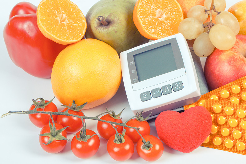 血压计,蔬菜,水果,健康保健,药丸,水平画幅,素食,无人,维生素,营养品