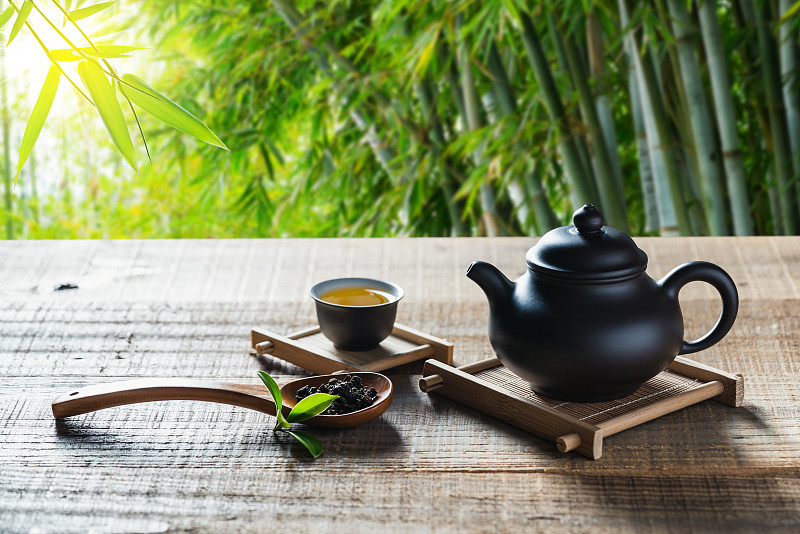 茶道,木匙,竹子叶,茶壶,茶叶,陶瓷工艺品,茶,厚木板,茶杯,饮食