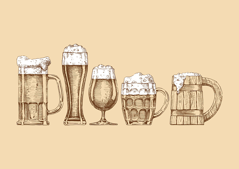 啤酒杯,马克杯,水平画幅,拉格啤酒,无人,绘画插图,符号,古老的,标签,含酒精饮料
