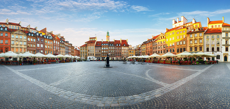 华沙,波兰,无人,夏天,布拉格旧城广场,中央广场,城镇,全景,外立面,街道