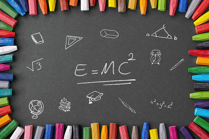 质能方程式,爱因斯坦,有色粉笔画,土耳其,彩色背景,边框,铅笔,橙色,涂料,几何学